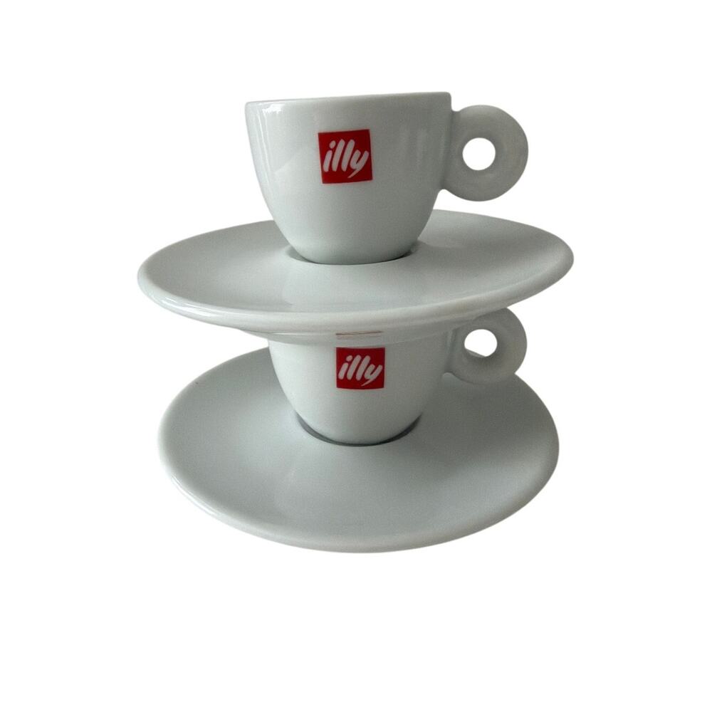 Illy Espresso Cups Saucers Set of 2 Portugal Porcelain Logo Spal Donut Handles